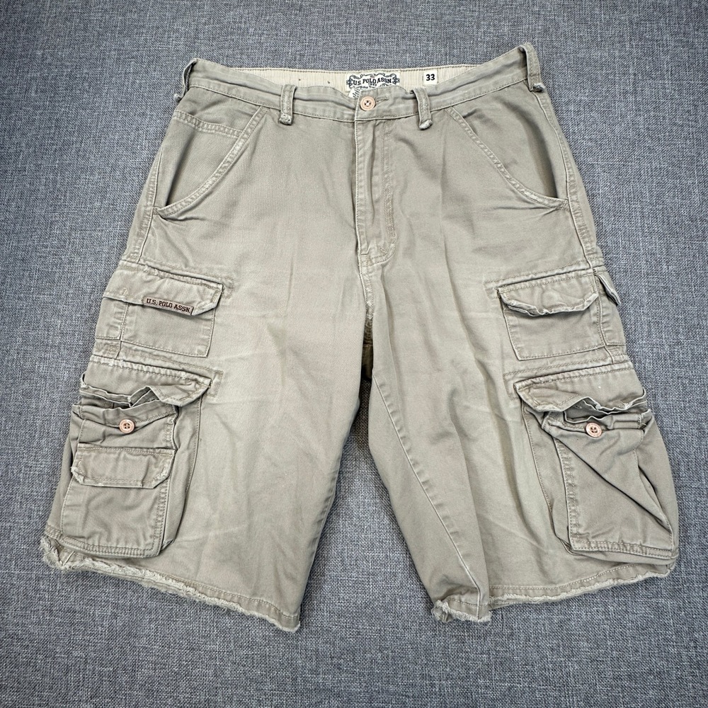 U.S. Polo Assn Cargo Shorts Men 33 (Fits as 32) Khaki Distressed Thrashed READ
